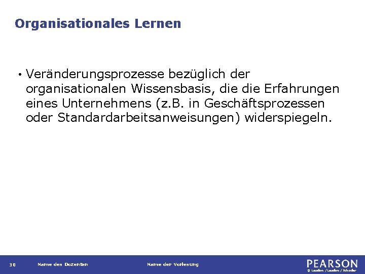 Organisationales Lernen • 30 Veränderungsprozesse bezüglich der organisationalen Wissensbasis, die Erfahrungen eines Unternehmens (z.