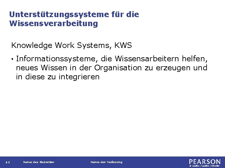 Unterstützungssysteme für die Wissensverarbeitung Knowledge Work Systems, KWS • 61 Informationssysteme, die Wissensarbeitern helfen,