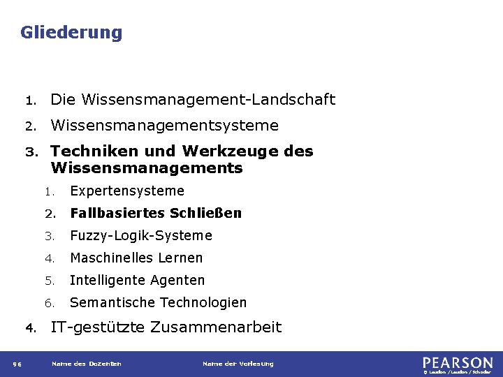 Gliederung 1. Die Wissensmanagement-Landschaft 2. Wissensmanagementsysteme 3. Techniken und Werkzeuge des Wissensmanagements 4. 96