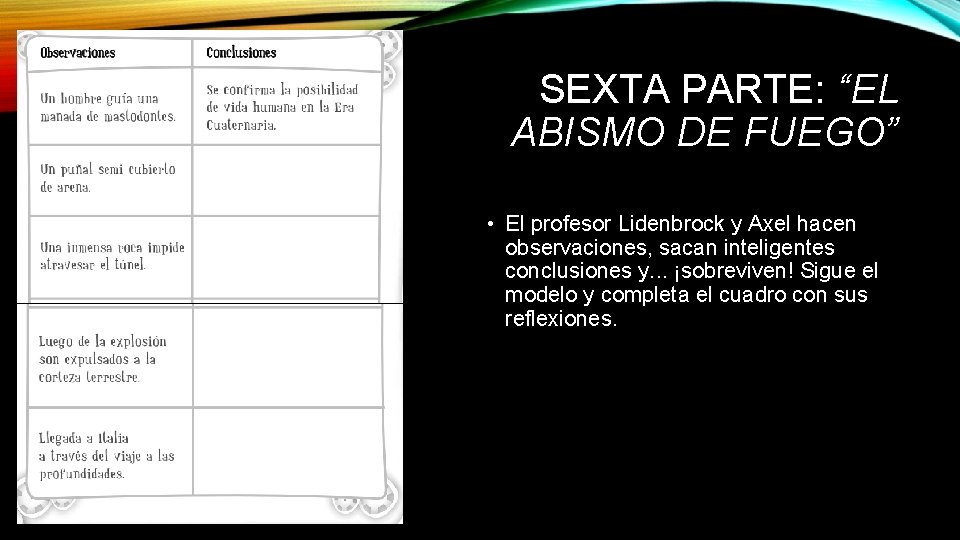 SEXTA PARTE: “EL ABISMO DE FUEGO” • El profesor Lidenbrock y Axel hacen observaciones,