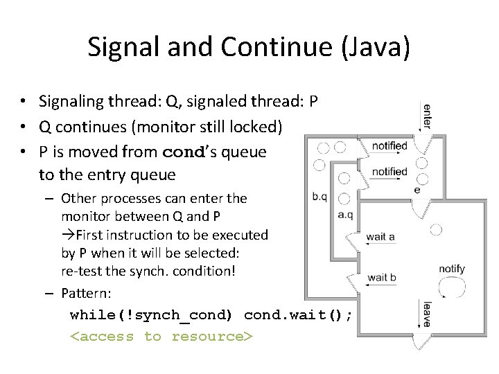 Signal and Continue (Java) • Signaling thread: Q, signaled thread: P • Q continues