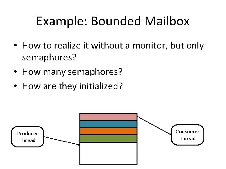 Example: Bounded Mailbox • How to realize it without a monitor, but only semaphores?