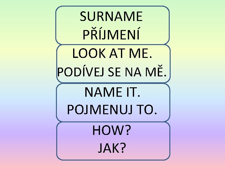 SURNAME PŘÍJMENÍ LOOK AT ME. PODÍVEJ SE NA MĚ. NAME IT. POJMENUJ TO. HOW?