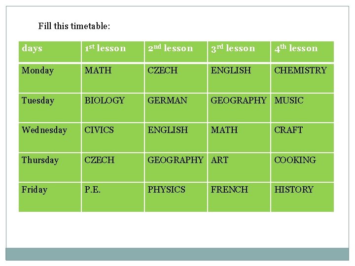 Fill this timetable: days 1 st lesson 2 nd lesson 3 rd lesson 4