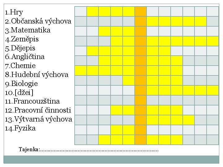 1. Hry 2. Občanská výchova 3. Matematika 4. Zeměpis 5. Dějepis 6. Angličtina 7.