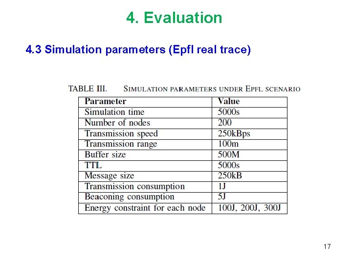 4. Evaluation 4. 3 Simulation parameters (Epfl real trace) 17 