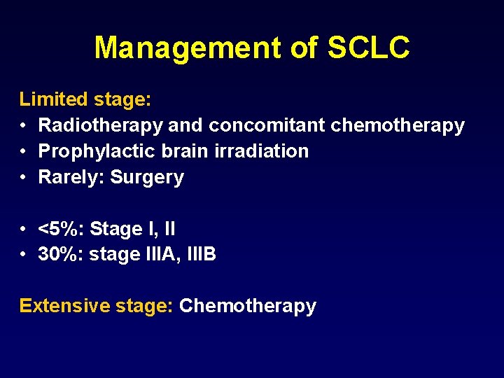 Management of SCLC Limited stage: • Radiotherapy and concomitant chemotherapy • Prophylactic brain irradiation