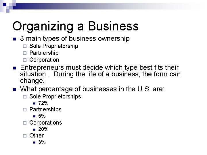 Organizing a Business n 3 main types of business ownership ¨ ¨ ¨ n