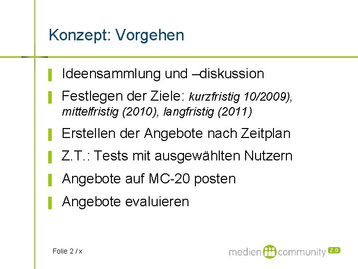 Konzept: Vorgehen ▌ Ideensammlung und –diskussion ▌ Festlegen der Ziele: kurzfristig 10/2009), mittelfristig (2010),