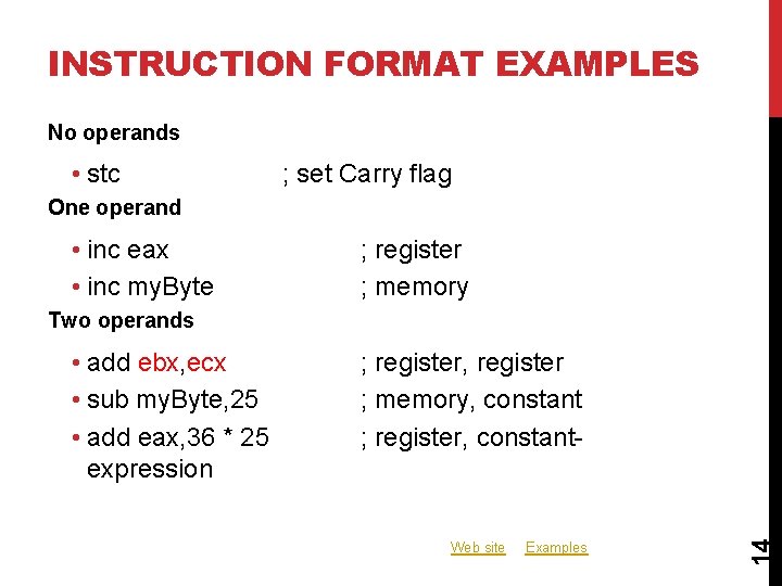 INSTRUCTION FORMAT EXAMPLES No operands • stc ; set Carry flag One operand •