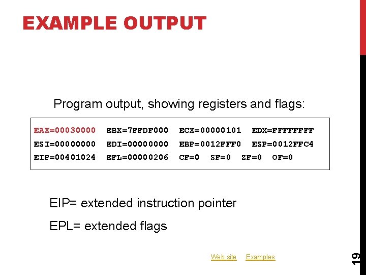 EXAMPLE OUTPUT Program output, showing registers and flags: EAX=00030000 EBX=7 FFDF 000 ECX=00000101 EDX=FFFF