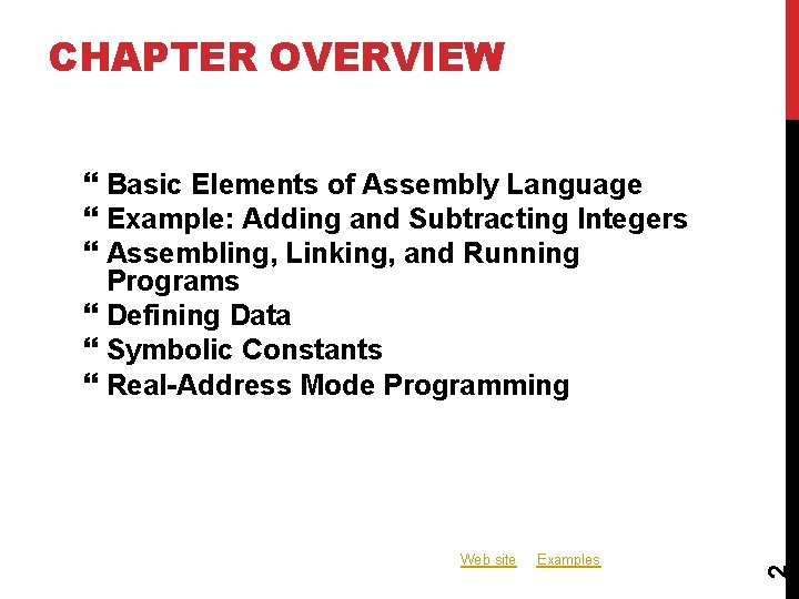 CHAPTER OVERVIEW Web site Examples 2 Basic Elements of Assembly Language Example: Adding and