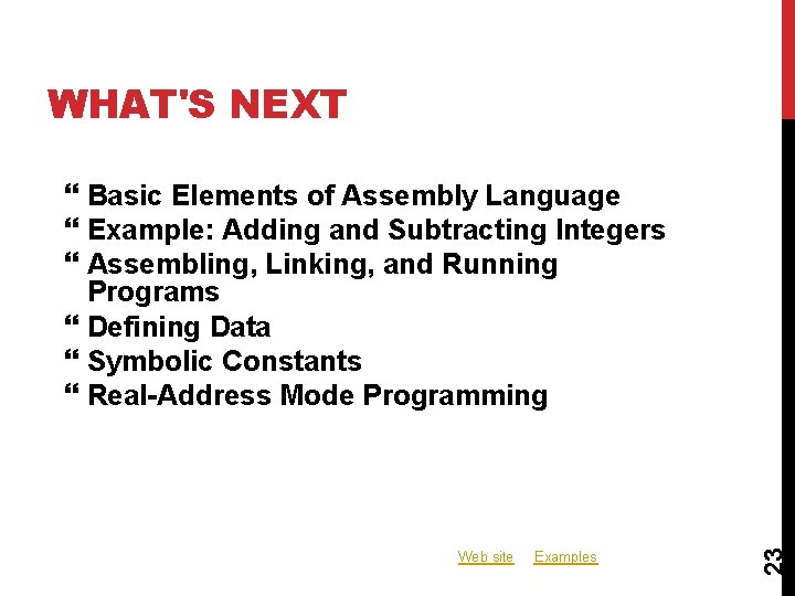 WHAT'S NEXT Web site Examples 23 Basic Elements of Assembly Language Example: Adding and