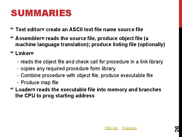 SUMMARIES Text editor= create an ASCII text file name source file Assembler= reads the