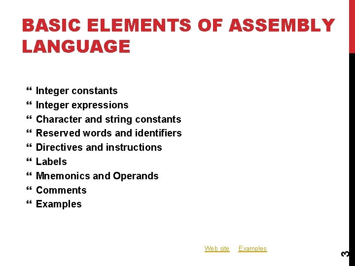 BASIC ELEMENTS OF ASSEMBLY LANGUAGE Integer constants Integer expressions Character and string constants Reserved