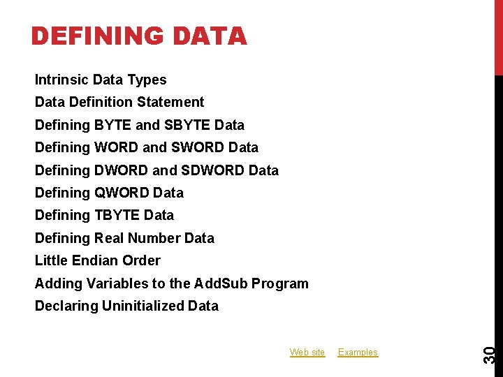 DEFINING DATA Intrinsic Data Types Data Definition Statement Defining BYTE and SBYTE Data Defining