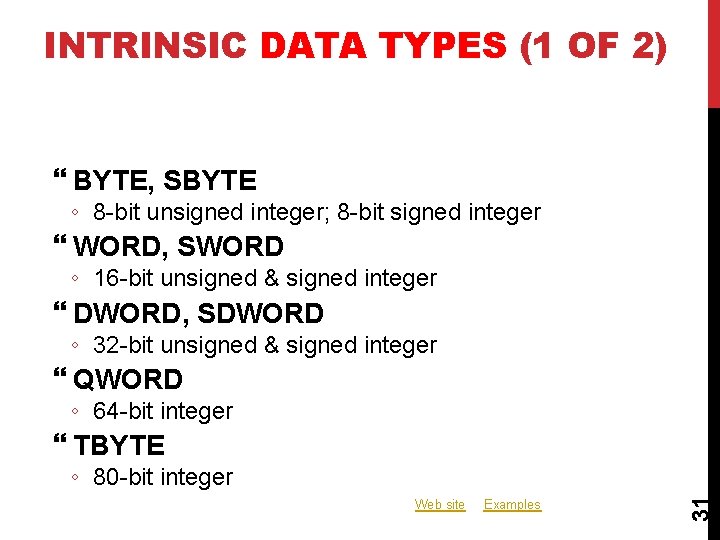 INTRINSIC DATA TYPES (1 OF 2) BYTE, SBYTE ◦ 8 -bit unsigned integer; 8 INTRINSIC DATA TYPES (1 OF 2) BYTE, SBYTE ◦ 8 -bit unsigned integer; 8