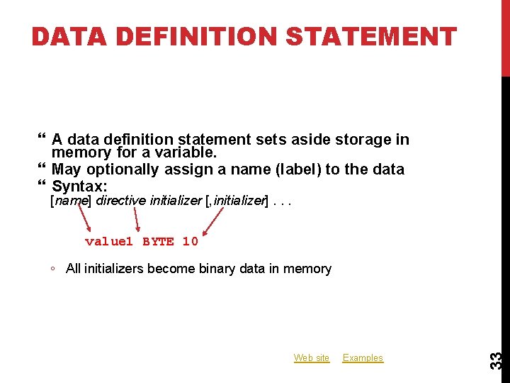 DATA DEFINITION STATEMENT A data definition statement sets aside storage in memory for a