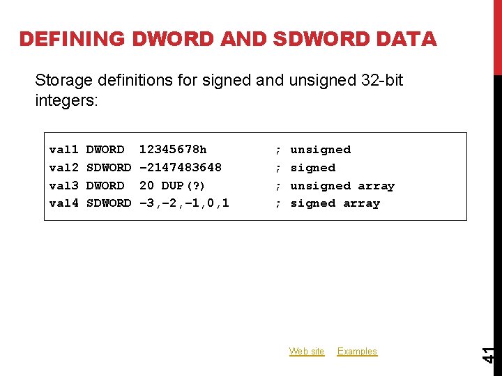 DEFINING DWORD AND SDWORD DATA Storage definitions for signed and unsigned 32 -bit integers: