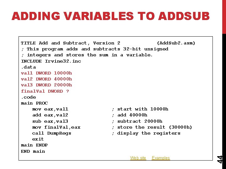 ADDING VARIABLES TO ADDSUB Web site Examples 44 TITLE Add and Subtract, Version 2