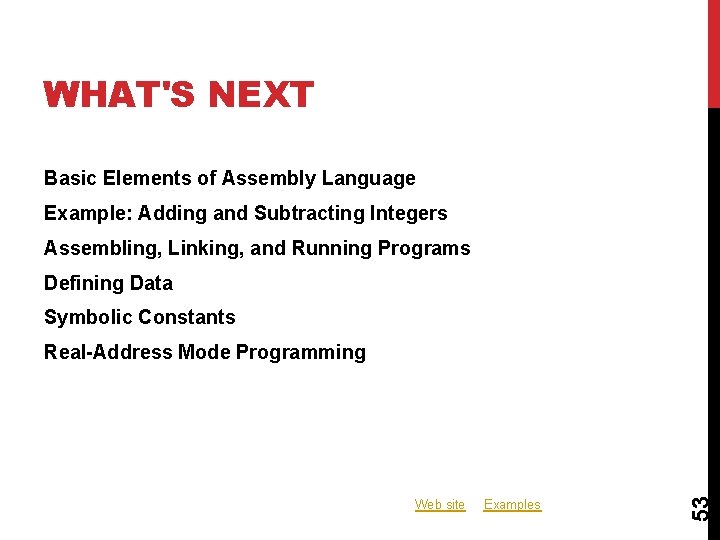 WHAT'S NEXT Basic Elements of Assembly Language Example: Adding and Subtracting Integers Assembling, Linking, WHAT'S NEXT Basic Elements of Assembly Language Example: Adding and Subtracting Integers Assembling, Linking,