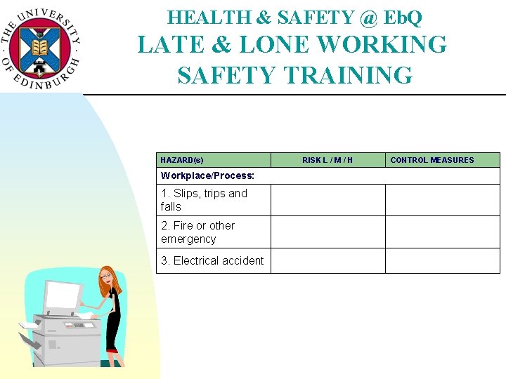 HEALTH & SAFETY @ Eb. Q LATE & LONE WORKING SAFETY TRAINING HAZARD(s) Workplace/Process: