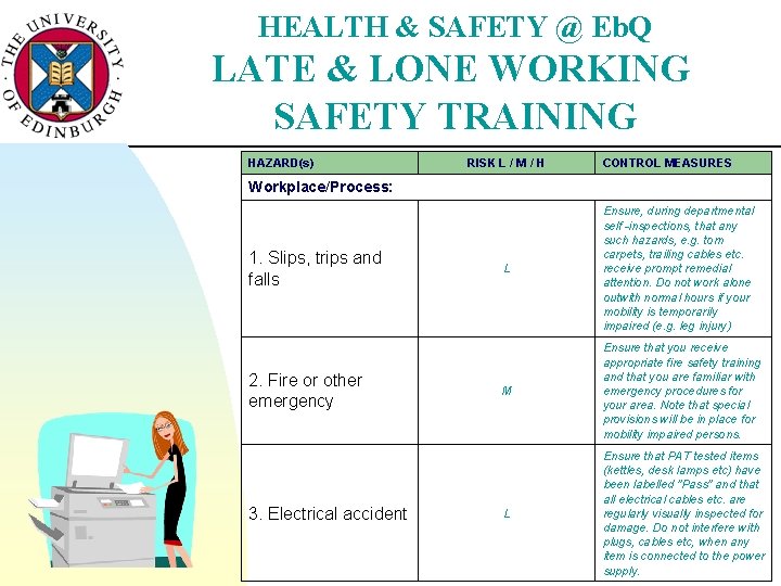 HEALTH & SAFETY @ Eb. Q LATE & LONE WORKING SAFETY TRAINING HAZARD(s) RISK