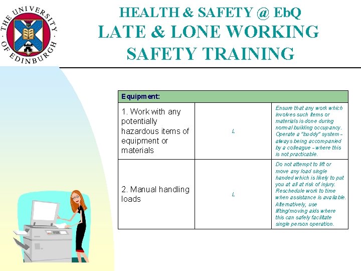 HEALTH & SAFETY @ Eb. Q LATE & LONE WORKING SAFETY TRAINING Equipment: 1.
