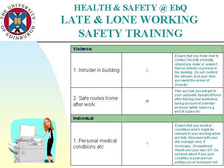 HEALTH & SAFETY @ Eb. Q LATE & LONE WORKING SAFETY TRAINING Violence: 1.