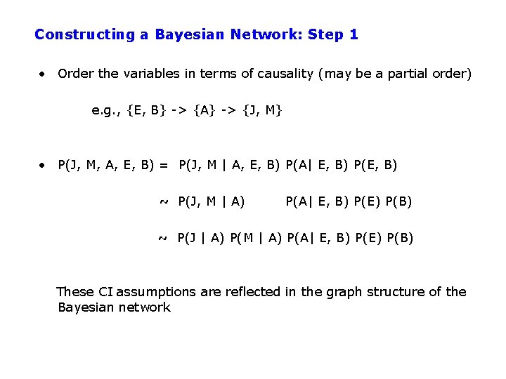 Constructing a Bayesian Network: Step 1 • Order the variables in terms of causality
