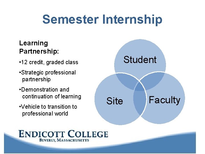 Semester Internship Learning Partnership: Student • 12 credit, graded class • Strategic professional partnership