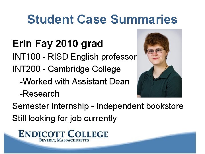 Student Case Summaries Erin Fay 2010 grad INT 100 - RISD English professor INT