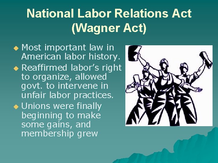 National Labor Relations Act (Wagner Act) Most important law in American labor history. u