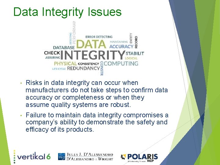 Data Integrity Issues • Risks in data integrity can occur when manufacturers do not Data Integrity Issues • Risks in data integrity can occur when manufacturers do not