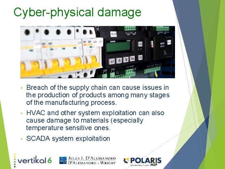 Cyber-physical damage • Breach of the supply chain cause issues in the production of Cyber-physical damage • Breach of the supply chain cause issues in the production of