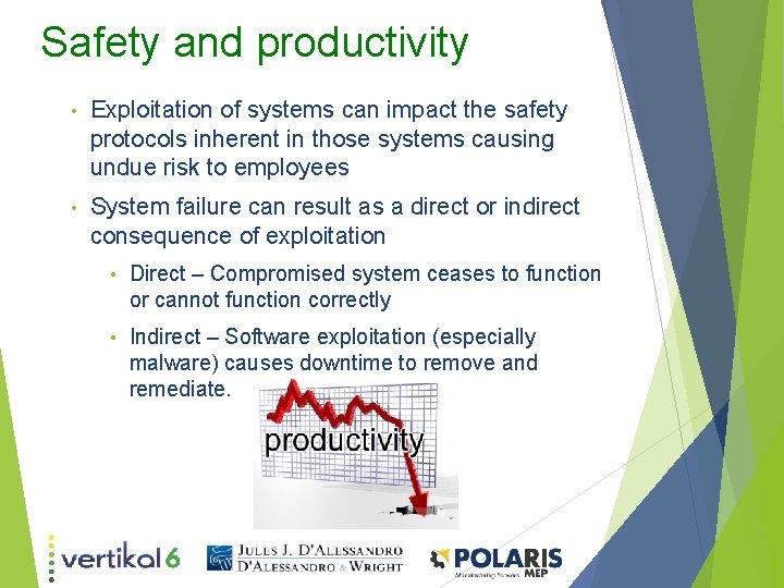 Safety and productivity • Exploitation of systems can impact the safety protocols inherent in
