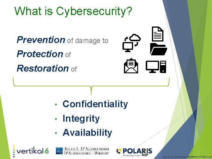 What is Cybersecurity? Prevention of damage to Protection of Restoration of • Confidentiality •