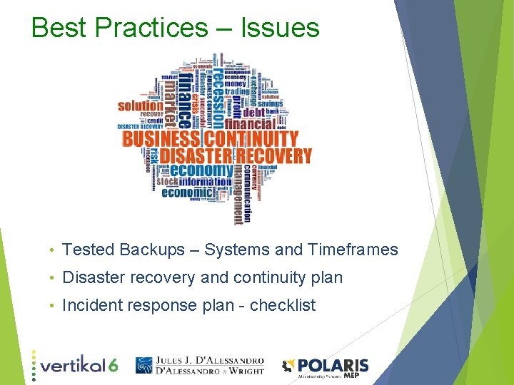 Best Practices – Issues • Tested Backups – Systems and Timeframes • Disaster recovery Best Practices – Issues • Tested Backups – Systems and Timeframes • Disaster recovery