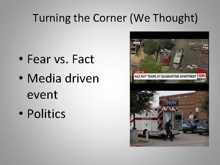 Turning the Corner (We Thought) • Fear vs. Fact • Media driven event •