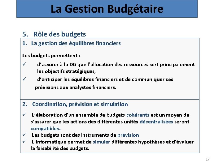 La Gestion Budgétaire 5. Rôle des budgets 1. La gestion des équilibres financiers Les