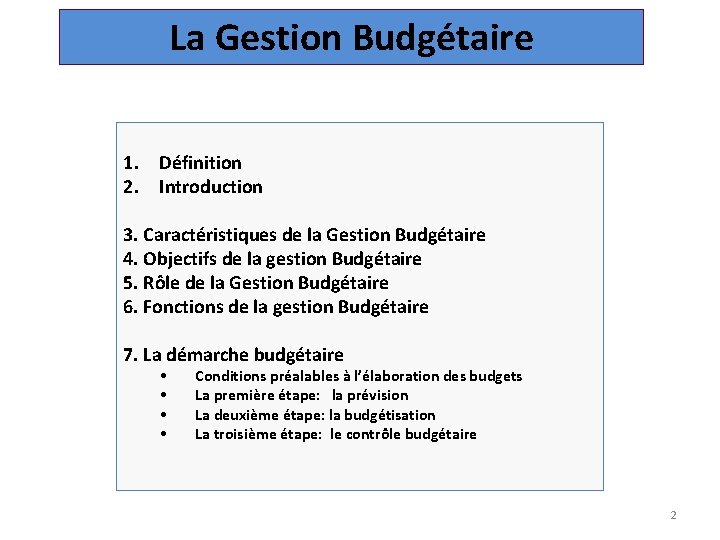 La Gestion Budgétaire 1. Définition 2. Introduction 3. Caractéristiques de la Gestion Budgétaire 4.