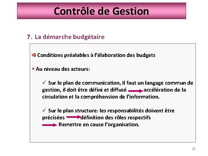 Contrôle de Gestion 7. La démarche budgétaire Conditions préalables à l’élaboration des budgets §