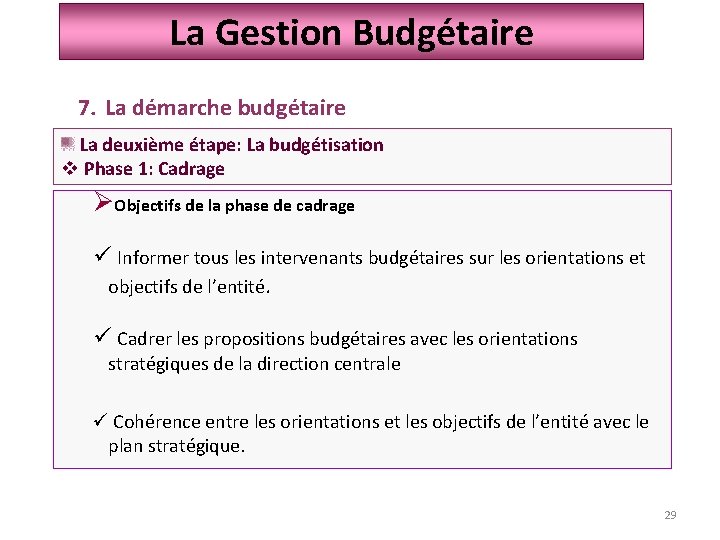 La Gestion Budgétaire 7. La démarche budgétaire La deuxième étape: La budgétisation v Phase