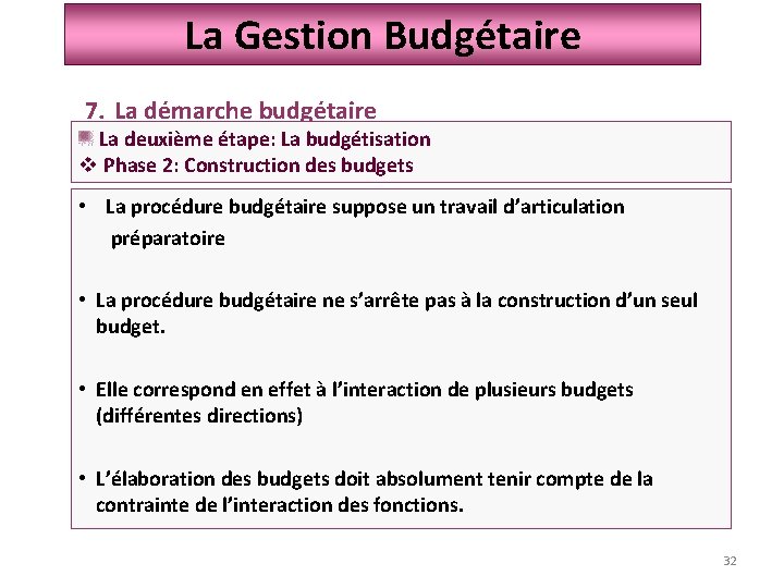 La Gestion Budgétaire 7. La démarche budgétaire La deuxième étape: La budgétisation v Phase