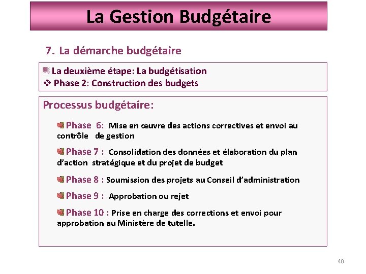 La Gestion Budgétaire 7. La démarche budgétaire La deuxième étape: La budgétisation v Phase