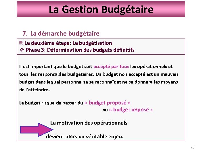 La Gestion Budgétaire 7. La démarche budgétaire La deuxième étape: La budgétisation v Phase