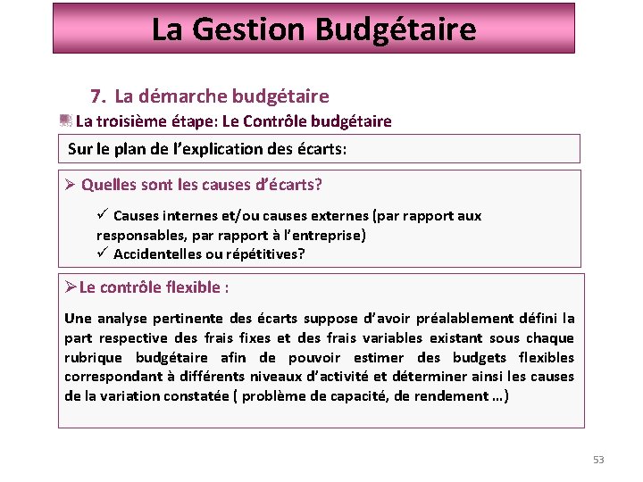 La Gestion Budgétaire 7. La démarche budgétaire La troisième étape: Le Contrôle budgétaire Sur