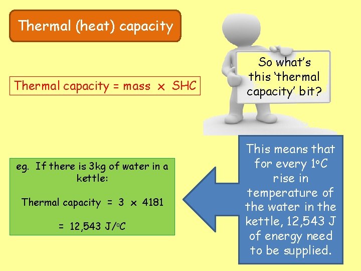 Thermal (heat) capacity Thermal capacity = mass x SHC eg. If there is 3