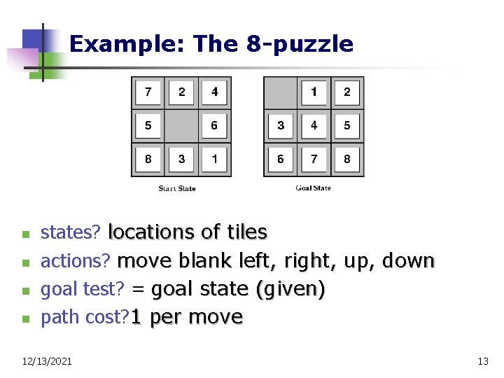 Example: The 8 -puzzle n n states? locations of tiles actions? move blank left,