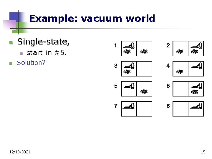 Example: vacuum world n Single-state, n start in #5. Solution? n 12/13/2021 15 